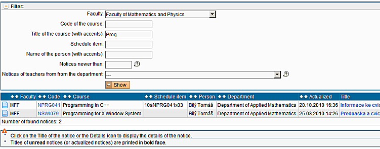 Form for searching notices